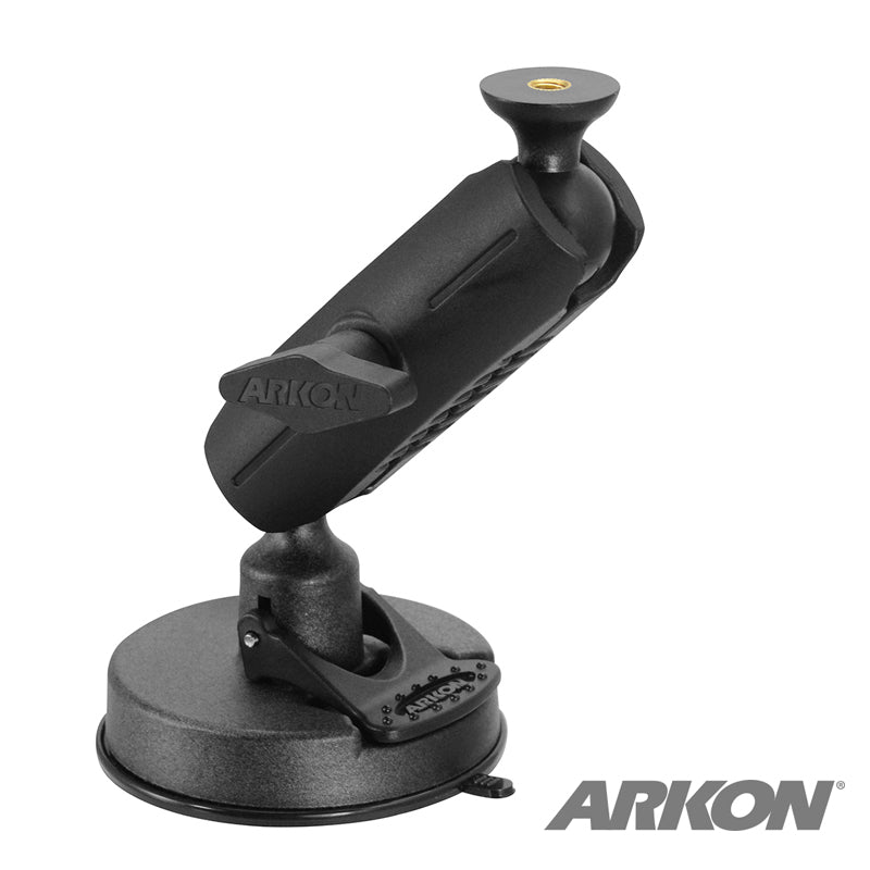 The Robust Heavy-Duty Windshield Suction Mount features a black adjustable arm, suction cup base, 1/4-20 bolt compatibility, and a securing knob. The Arkon logo is visible in the bottom right of the image.