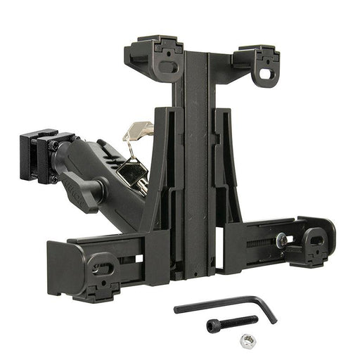 The LockVise™ Locking Car Headrest Tablet Mount, in black with adjustable clamps, hex key, screw, and nut, is ideal for securely mounting tablets and devices to your car’s headrest for entertainment or equipment use.