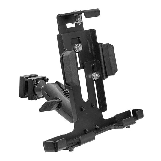 The LockVise™ Metal Locking Car Headrest Tablet Mount features an adjustable bracket with side and bottom grips, adjustable knobs, an angled mounting arm, and a secure locking design—ideal for rear seat entertainment.