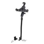 The LockVise™ Locking Seat Rail or Floor Phone Mount is a black adjustable holder with a flexible gooseneck stand, locking phone mount, mounting base, screws, and brackets, shown on a white background.