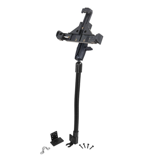 The LockVise™ Locking Seat Rail or Floor Phone Mount is a black adjustable holder with a flexible gooseneck stand, locking phone mount, mounting base, screws, and brackets, shown on a white background.