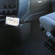 A smartphone on the LockVise™ Locking Seat Rail or Floor Phone Mount is attached to a vehicle seat, displaying a navigation map, with the holder’s arm extending from the seat toward the dashboard.