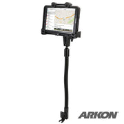 A tablet on the LockVise™ Locking Seat Rail Tablet Mount with 18 Gooseneck and clamp base displays a map, while the ARKON logo appears bottom right, highlighting this sturdy commercial vehicle holder.