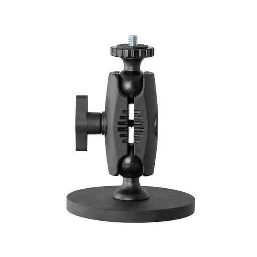 The Robust Magnetic Mount for Cameras and Video Cameras is a black adjustable bracket with a round magnetic base, central pivot joint, and 1/4-20 screw-on top, designed for easy camera mounting. Shown against a white background.