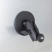 The Robust Magnetic Mount for Cameras and Video Cameras is a black, adjustable bracket with a circular magnetic base, 1/4-20 camera pattern, tightening knob, and screw to securely attach equipment to metallic surfaces.