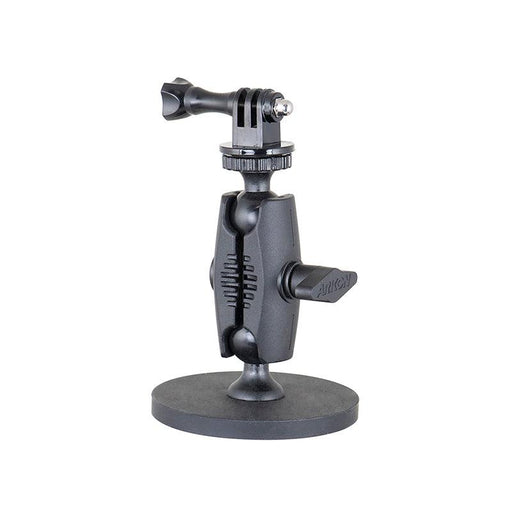 The Robust Magnetic Mount for GoPro Action Cameras is a black, heavy-duty mount with a round base, two pivot joints, and twist knobs for easy angle adjustment, designed to securely hold action cameras.