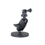 The Robust Magnetic Mount for GoPro Action Cameras is a black, heavy-duty mounting arm with a circular base and pivot joints, designed to securely hold cameras or devices, shown against a white background.