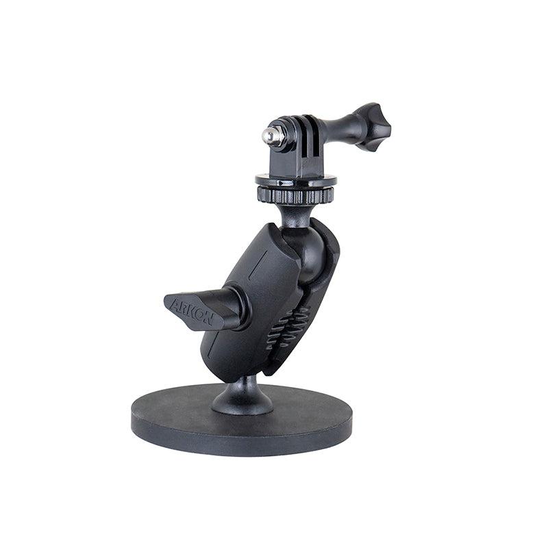 The Robust Magnetic Mount for GoPro Action Cameras is a black, heavy-duty mounting arm with a circular base and pivot joints, designed to securely hold cameras or devices, shown against a white background.