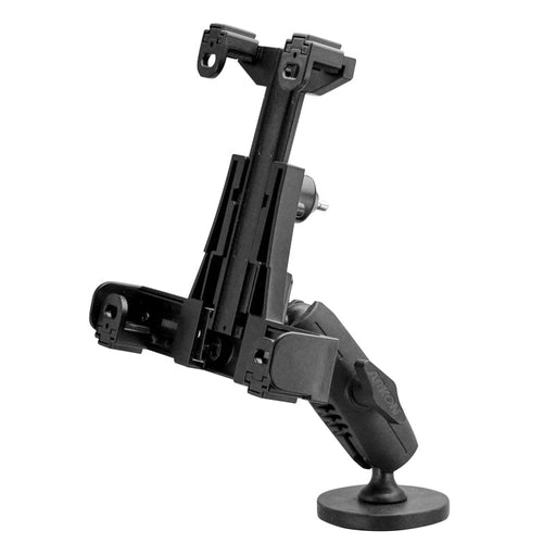 The LockVise™ Locking Magnetic Tablet Mount features extendable arms, a rotating joint for flexible positioning, and a secure magnetic hold—perfect for smartphones or tablets and enhanced stability on the go.