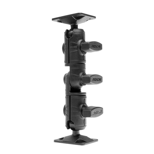 The Robust Ratchet Extension Arm with AMPS Mount Plates is black, adjustable, has three joints, and “ARKON”-labeled knobs for device security; it features flat AMPS mount plates on both ends.