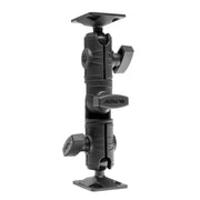 The Robust Ratchet Extension Arm with AMPS Mount Plates is a black, adjustable vehicle mount featuring three tightening knobs and AMPS plates at both ends for securely holding devices or equipment in place.