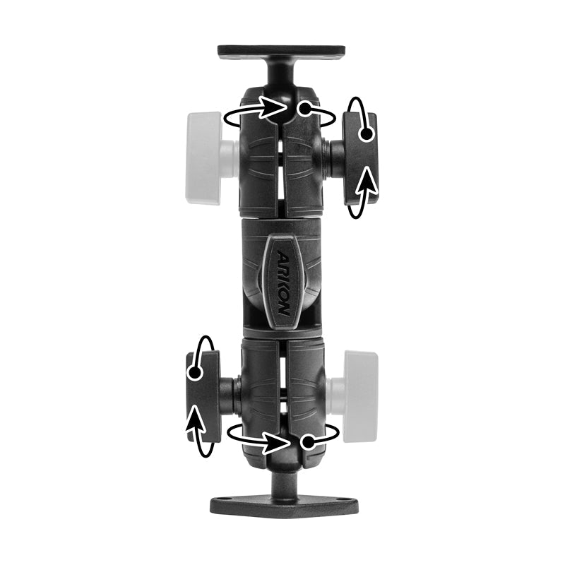 A black Robust Ratchet Extension Arm with Metal AMPS and Diamond Mount Plates features two rotating joints with labeled rotation arrows, flat platforms on both ends, and textured tightening knobs.