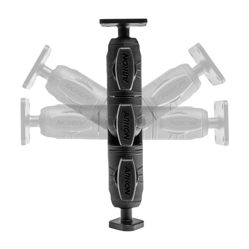 A black and gray ARKON Robust Ratchet Extension Arm with Metal AMPS and Diamond Mount Plates stands upright, with faded duplicates behind it illustrating its ability to rotate or swivel at different angles.