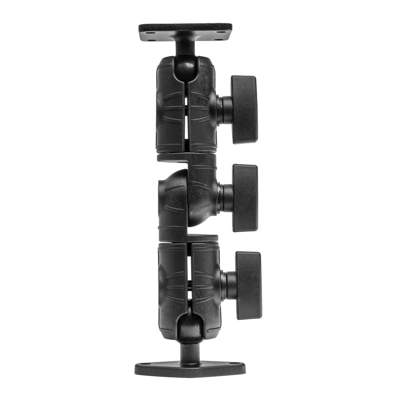 The Robust Ratchet Extension Arm with Metal AMPS and Diamond Mount Plates is a black, vertically adjustable swivel arm featuring three locking knobs, two ball joints, and flat rectangular base plates for AMPS-compatible device mounting.