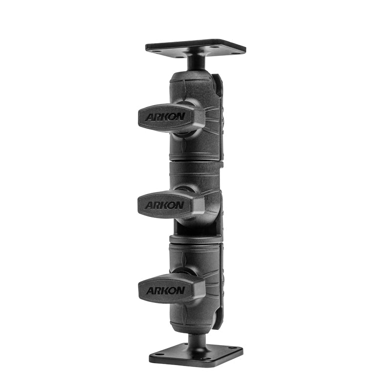 The Robust Ratchet Mount with AMPS Plates is a black adjustable mounting arm with a double socket swivel shaft, three ARKON-branded locking knobs, and rectangular base plates featuring the AMPS 4-hole pattern, displayed on a white background.