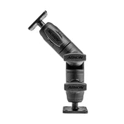 The Robust Ratchet Mount with AMPS Plates features a black adjustable double-swivel arm with three pivot joints and rectangular AMPS 4-hole base plates at each end, branded Arkon, shown angled on a white background.