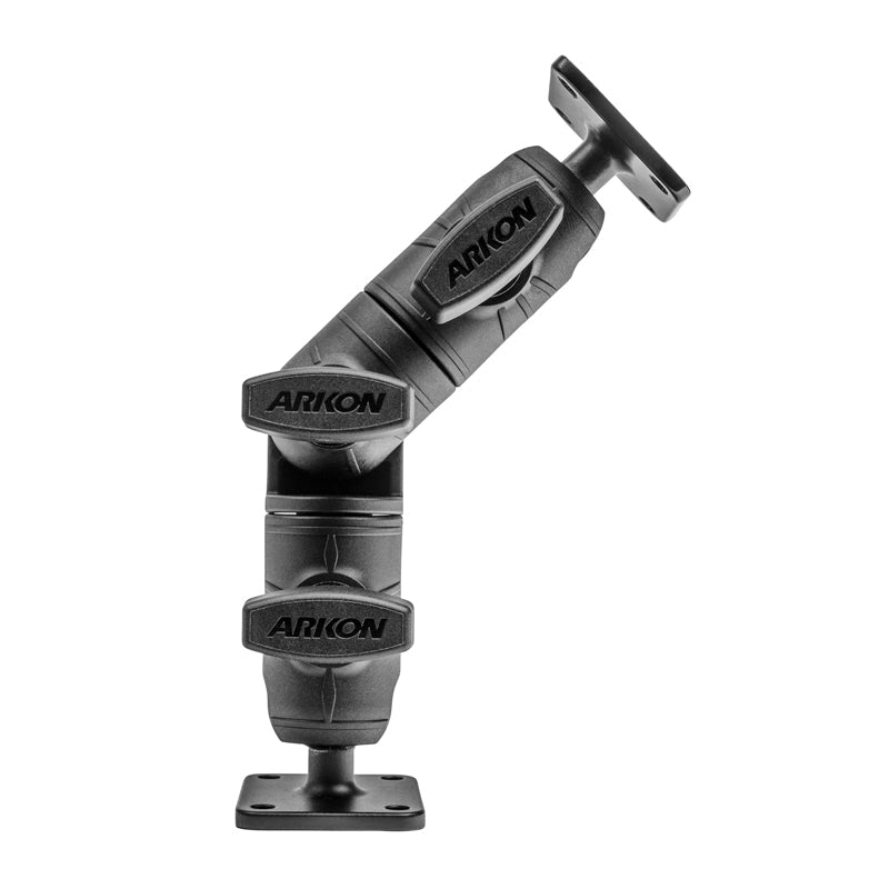 The Robust Ratchet Mount with AMPS Plates is a black, adjustable mounting arm featuring joints, twist locks, and AMPS 4-hole square plates at both ends for secure attachment.