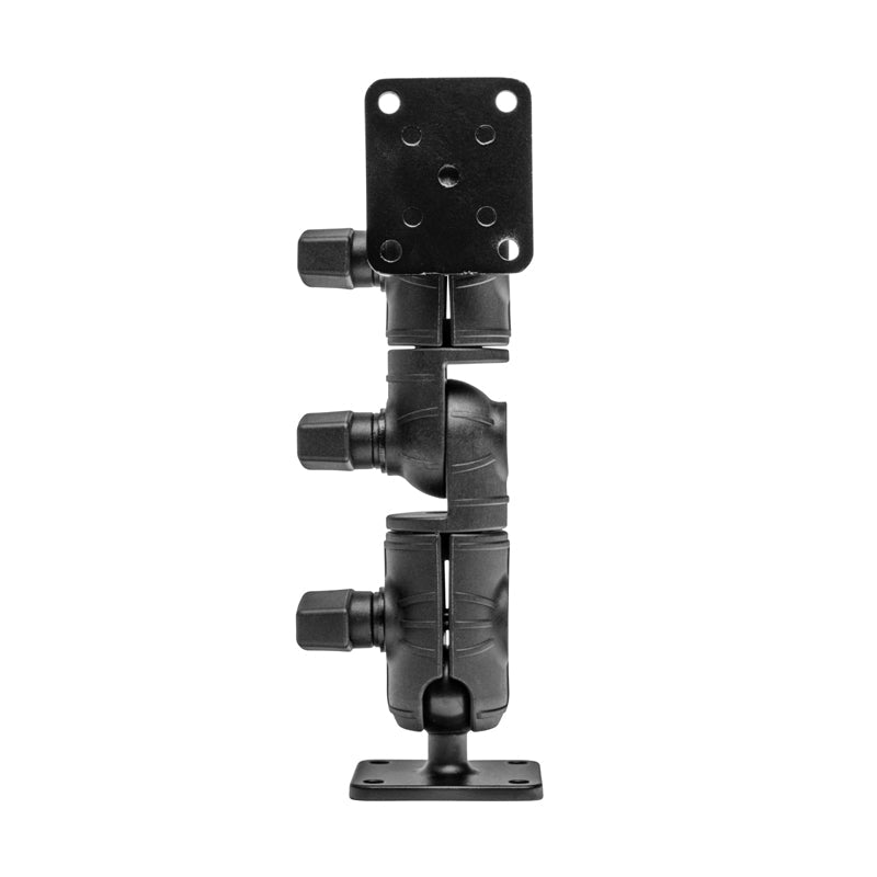 The Robust Ratchet Mount with AMPS Plates is a black adjustable bracket with a double socket swivel shaft and square plates featuring an AMPS 4-hole pattern, shown upright against a white background.