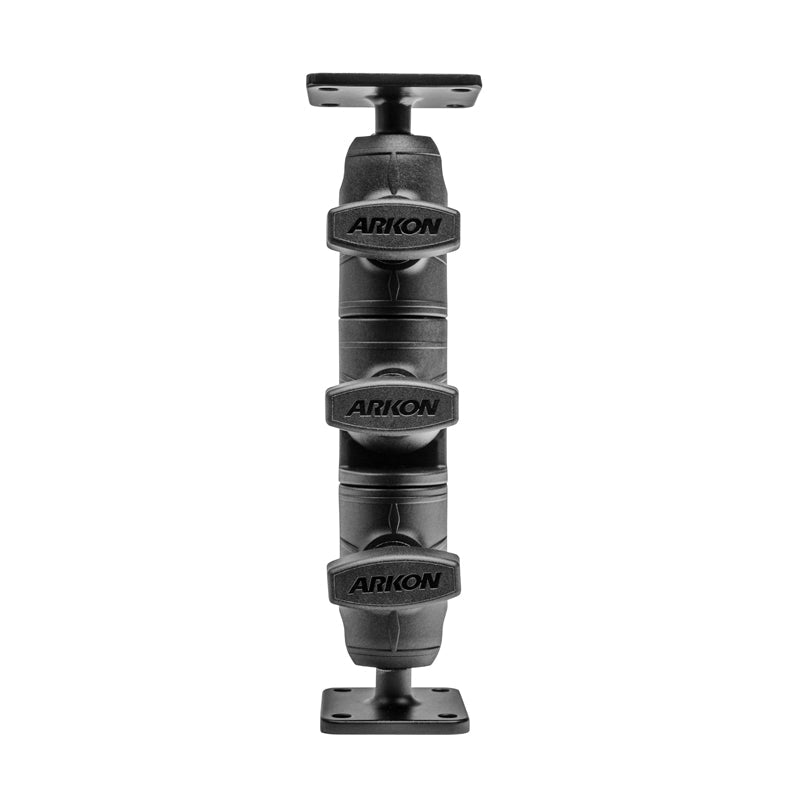 The Robust Ratchet Mount with AMPS Plates is a black adjustable arm featuring three locking joints labeled ARKON and square AMPS 4-hole mounting plates on both ends, displayed against a white background.