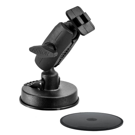 The Robust Sticky Suction Windshield or Dash Car Mount by Arkon is a black universal smartphone holder with an adjustable arm and cradle, shown with a round adhesive mounting disk on a white background. Ideal for dash or windshield use.