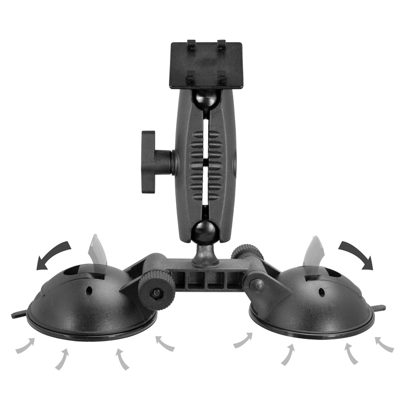 The Robust™ Double Windshield Suction Mount - 4-Prong Pattern Compatible features an adjustable arm and holder, with arrows showing its heavy-duty flexibility and secure positioning for versatile use.