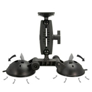 The Robust™ Double Windshield Suction Mount features heavy-duty black plastic, adjustable joints and knobs for secure device placement, arrows for movement and rotation guidance, and AMPS compatibility for versatile device attachment.