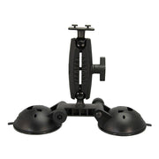 The Robust™ Double Windshield Suction Mount - Dual-T Compatible features an adjustable arm and tightening knobs for secure attachment to flat surfaces, serving as a versatile tablet or phone holder.
