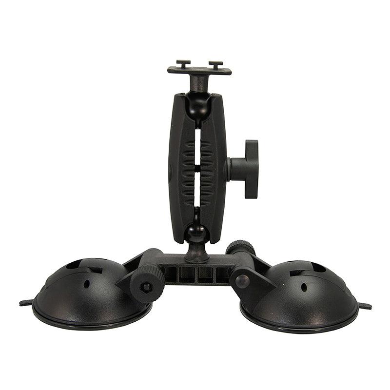The Robust™ Double Windshield Suction Mount - Dual-T Compatible features an adjustable arm and tightening knobs for secure attachment to flat surfaces, serving as a versatile tablet or phone holder.