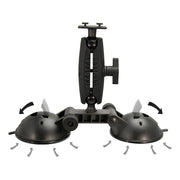 The Robust™ Double Windshield Suction Mount is Dual-T compatible, featuring adjustable arms, knobs, and two black suction bases that allow for easy rotating and tilting—ideal as a holder for your tablet or phone.