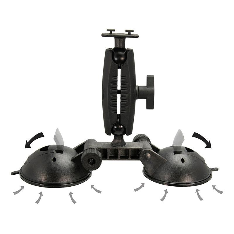 The Robust™ Double Windshield Suction Mount is Dual-T compatible, featuring adjustable arms, knobs, and two black suction bases that allow for easy rotating and tilting—ideal as a holder for your tablet or phone.