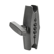 Black plastic clamp mount with a central tightening knob, grooves, and curved ends for holding cylindrical objects; compatible with the Robust™ Series 5 inch Metal Mount Shaft - 38mm (1.5 inch) Ball. Shown on a white background.