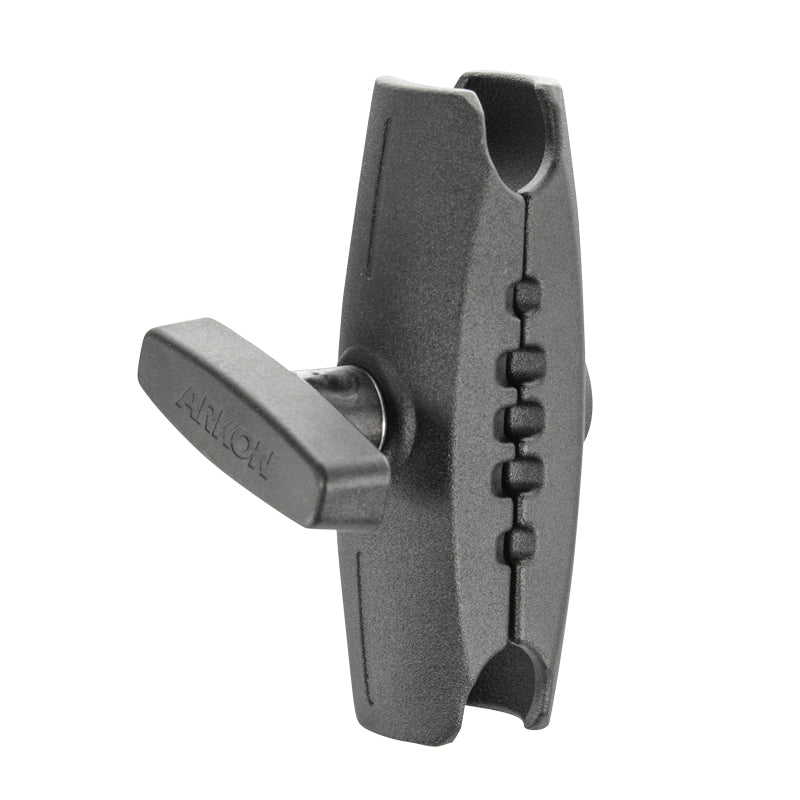 Black plastic clamp mount with a central tightening knob, grooves, and curved ends for holding cylindrical objects; compatible with the Robust™ Series 5 inch Metal Mount Shaft - 38mm (1.5 inch) Ball. Shown on a white background.