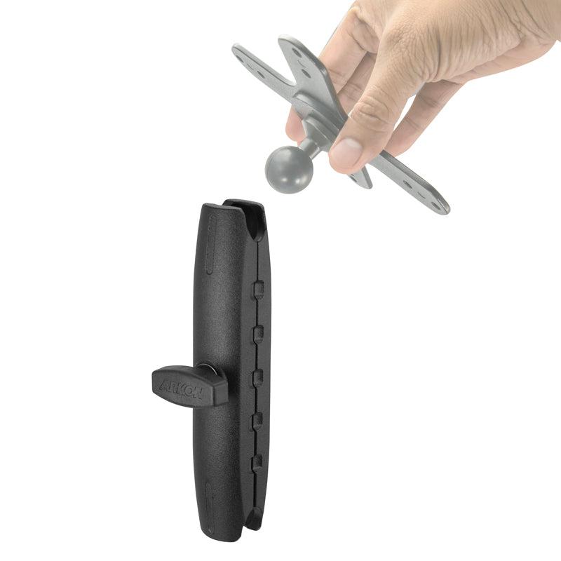 A hand holds the Robust™ Series 6 inch Metal Mount Shaft - 25mm Ball Compatible above a black mounting arm, showing how to attach the shaft for a custom mounting setup.