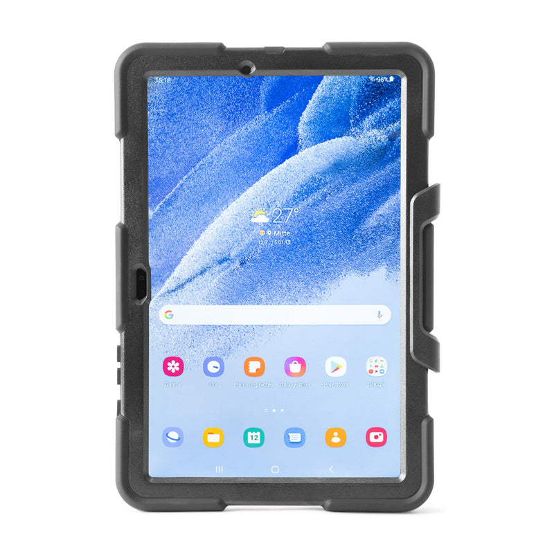A Rugged Case for Samsung A9+ in black features reinforced corners, multi-layer protection, and a built-in hand grip on the right side, shown on a Galaxy A9+ tablet with a colorful home screen and weather widget.