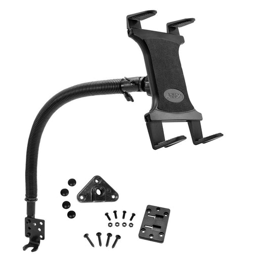 The Seat Rail or Floor Slim-Grip® Tablet Mount with 15 gooseneck for iPad, Note, and more is shown in black on a white background—includes mounting brackets and hardware for convenient in-car use as a tablet holder.