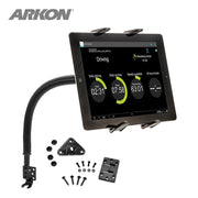 A black Seat Rail or Floor Slim-Grip® Tablet Mount with a 15 flexible gooseneck securely holds a tablet showing a driving log app with time statistics; includes mounting hardware and fits iPad, Note, and more.
