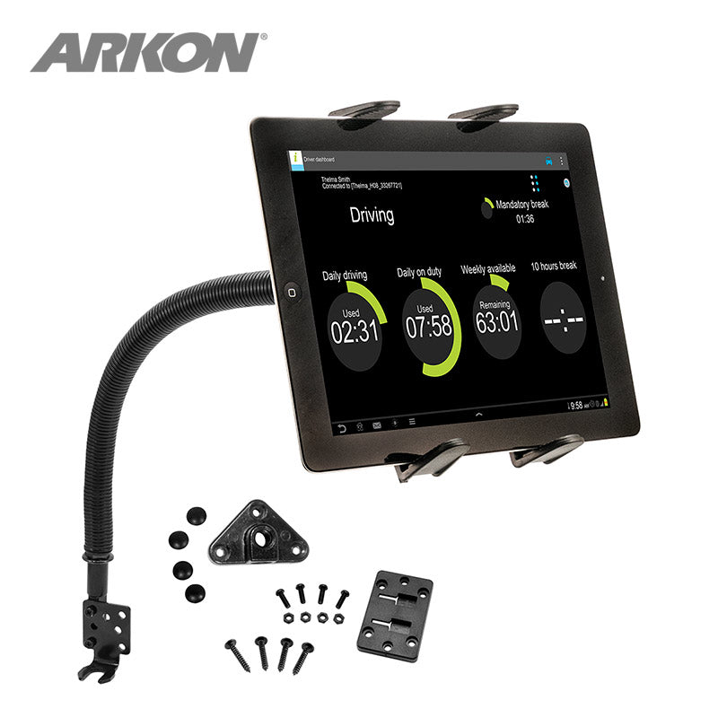 A black Seat Rail or Floor Slim-Grip® Tablet Mount with a 15 flexible gooseneck securely holds a tablet showing a driving log app with time statistics; includes mounting hardware and fits iPad, Note, and more.