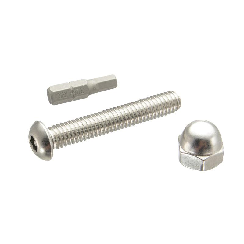The Security Hardware for 38mm Ball Compatible Robust Shaft Arms includes a stainless steel hex socket screw, matching dome nut, and hex bit tool—shown on a white background.