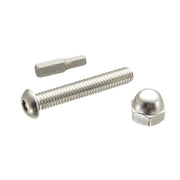 The Security Hardware for 38mm Ball Compatible Robust Shaft Arms includes a metal hex bit, threaded screw with hex socket head, and a dome cap nut—arranged on a white background, perfect for secure hardware assembly.