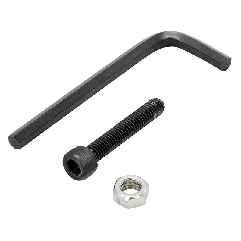 The Security Kit for 25mm Ball Compatible Shaft, featuring a black L-shaped hex key, black hex socket cap screw, and silver hex nut—perfect for Robust Shaft Arms—is displayed on a white background.