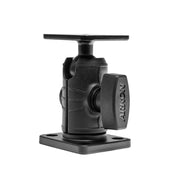 The Single Octagon Socket Metal AMPS Mount features a black, adjustable bracket with a square base, swiveling joint for angle adjustments, tightening knob, ARKON label, and 4-Hole AMPS metal head for 25mm ball devices.