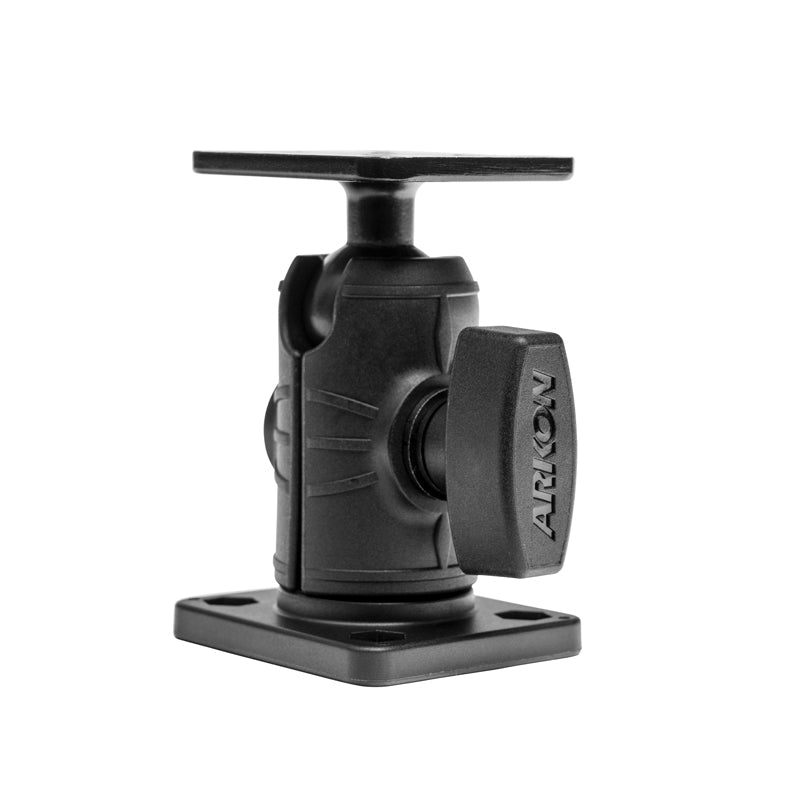The Single Octagon Socket Metal AMPS Mount features a black, adjustable bracket with a square base, swiveling joint for angle adjustments, tightening knob, ARKON label, and 4-Hole AMPS metal head for 25mm ball devices.