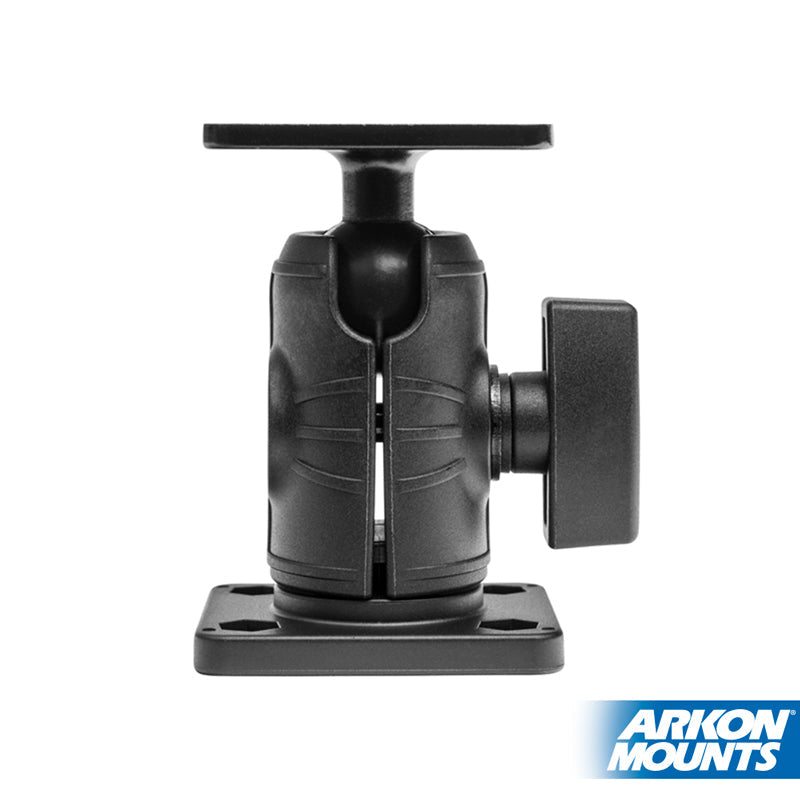 The Single Octagon Socket Metal AMPS Mount is a black adjustable bracket with a square base, side knob, and 4-Hole-AMPS metal head. Displayed on white, the Arkon Mounts logo appears at the bottom right corner.