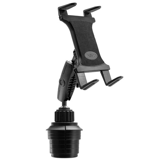 The Slim-Grip® Cup Holder Tablet Mount with 3.75 Shaft is a black, adjustable mount with a clamp for your smartphone or tablet and a base that fits securely in your vehicle’s cup holder.