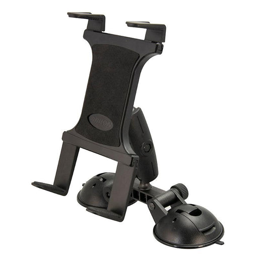 The Slim-Grip® Double Suction Windshield Tablet Mount securely attaches tablets to flat surfaces like windshields or dashboards with adjustable grips, a central support, and flexible joints for optimal positioning.