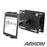 The Slim-Grip® Overhead Guard Forklift Tablet Mount with 5 Shaft secures a tablet on a black adjustable metal bracket, displaying a bar and line chart—ideal for rugged vehicle or warehouse use. ARKON logo visible in the bottom right corner.