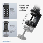 The Heavy-Duty Desk, Cart or Table Clamp Mounting Pedestal with 22 flexible gooseneck secures to surfaces up to 3.3 thick. Close-ups show mounting holes, clamp, and adjustment knob for easy setup. Ideal for smartphones and tablets.