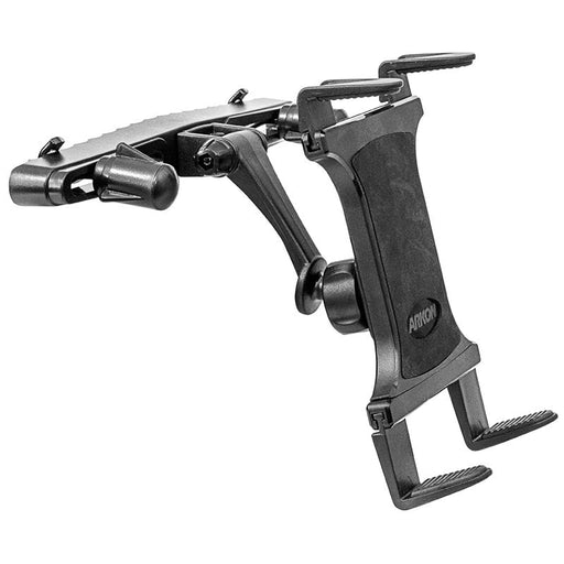 The Slim-Grip® Tablet Holder with Car Seat Headrest Mount is a black adjustable tablet holder with a clamp, ideal for rear seat entertainment. It features padded grips and multi-joint flexibility for use on car seats or tables.