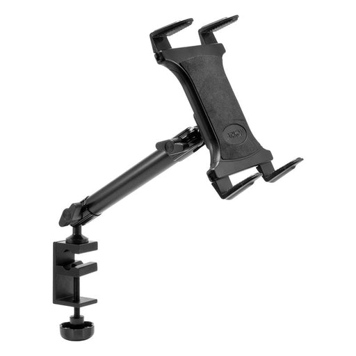 The Slim-Grip® Tablet Holder with Clamp Base and Extension Arm securely attaches to desks or tables, featuring an adjustable arm and padded grips for stable device support.