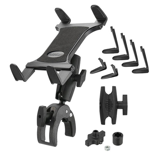 The Slim-Grip® Tablet Holder with Clamp Mount and Security Knob Shaft is shown with interchangeable grip pieces, knob, and mounting hardware displayed separately against a white background.